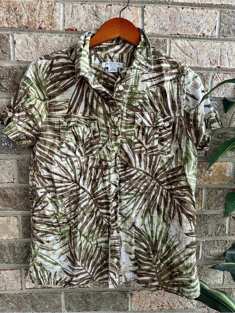 Vintage Liz Claiborne Linen Cotton Short-Sleeve Palm Print Shirt - Womens